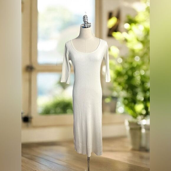 Vince | Ribbed Elbow Sleeve Scoop Neck MIDI Dress Size L - Picture 2 of 14